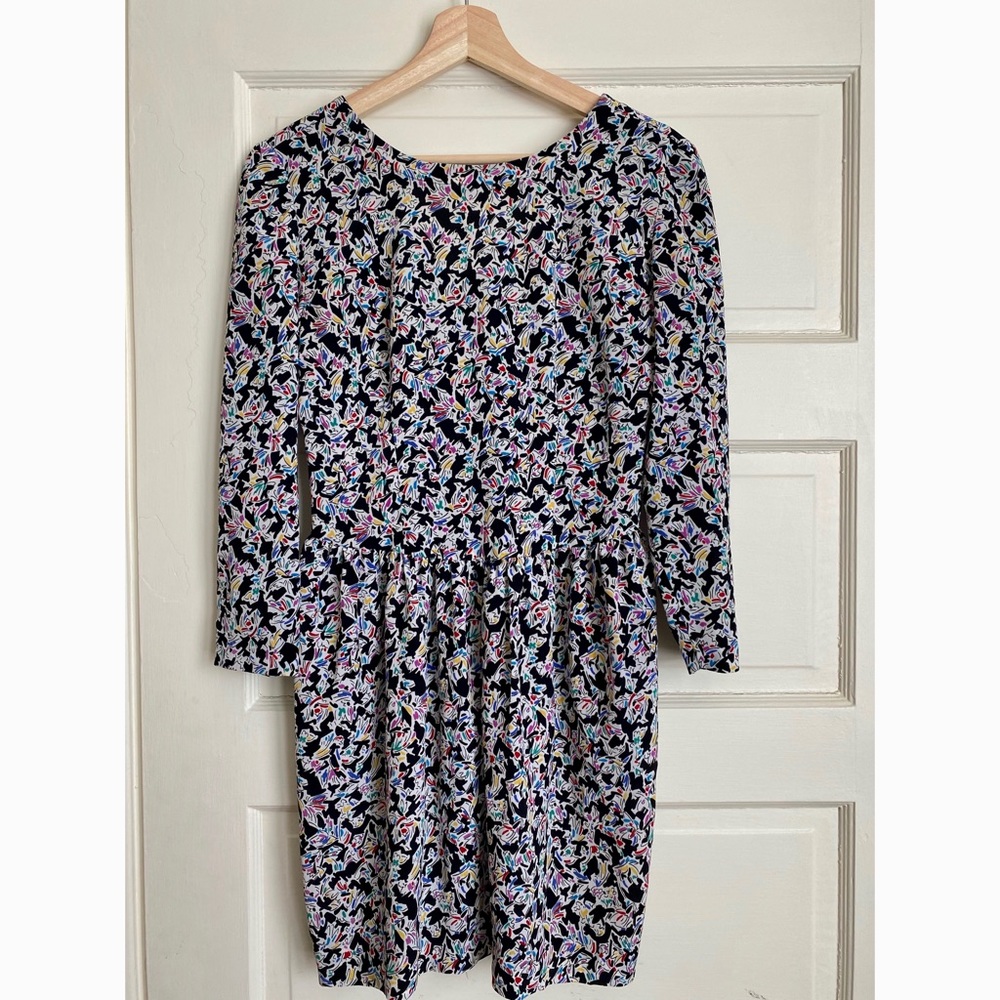80s abstract print mini dress, subtle puff sleeve